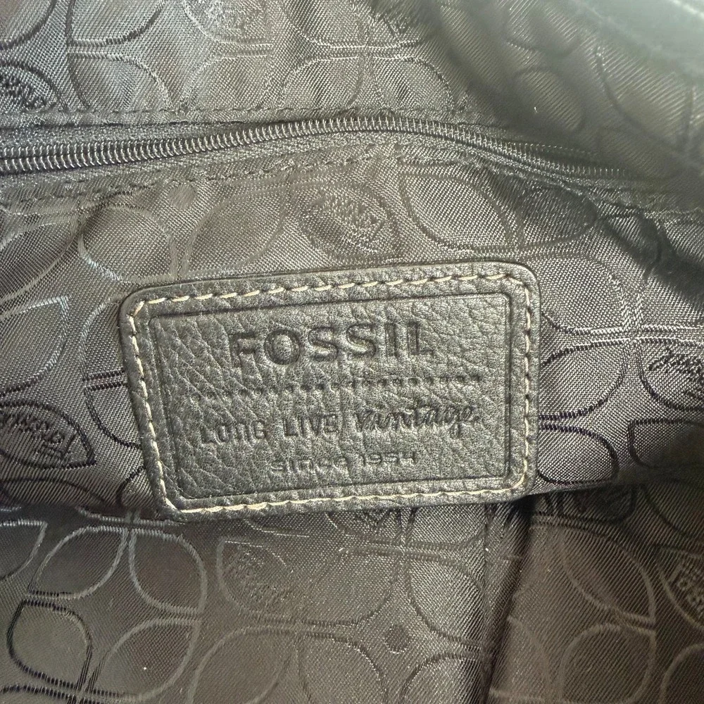 VTG 1954 Fossil Long Live Black Faux Leather Zip Double Handle Satchel Handbag